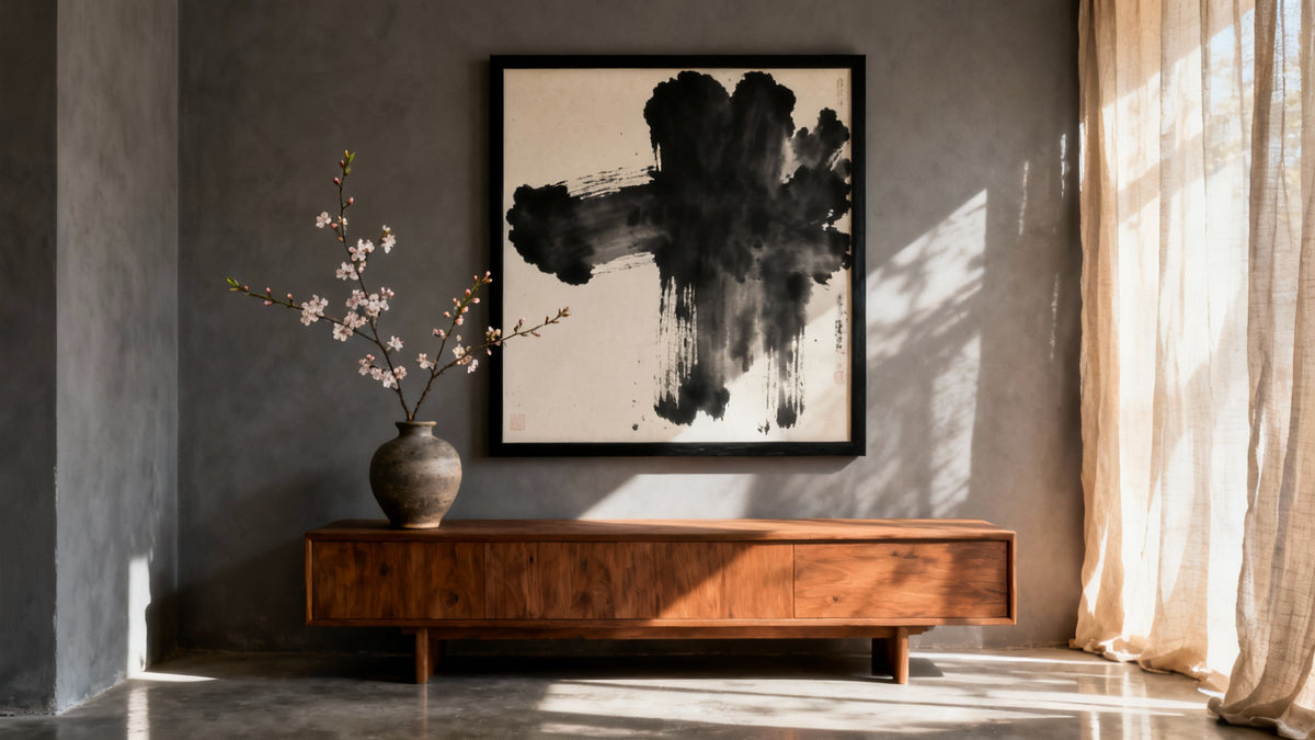 Framed Japanese artwork mockup showcasing contemporary prints for modern wall decor.