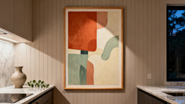 Framed abstract kitchen art mockup enhancing modern cooking space decor.