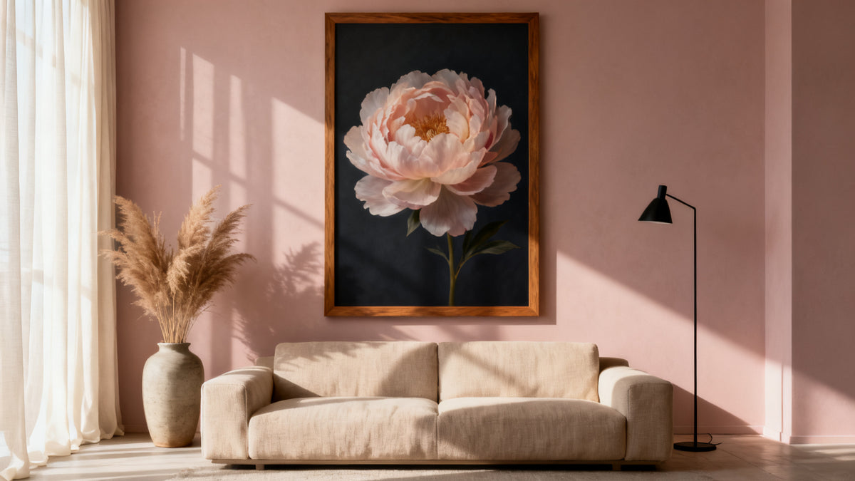 Framed oversized floral wall art mockup enhancing interior decor with botanical beauty.