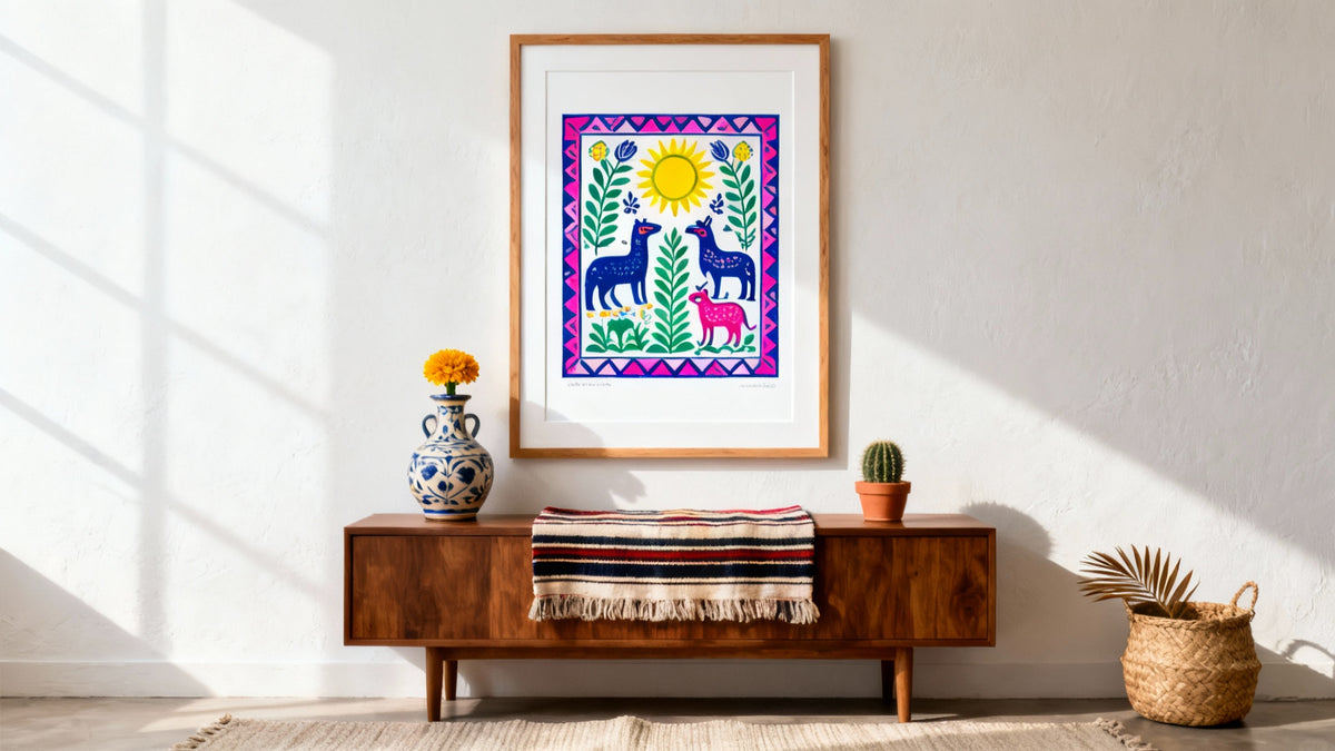 Framed mockup of vibrant Mexican folk art showcasing traditional colors and intricate designs.