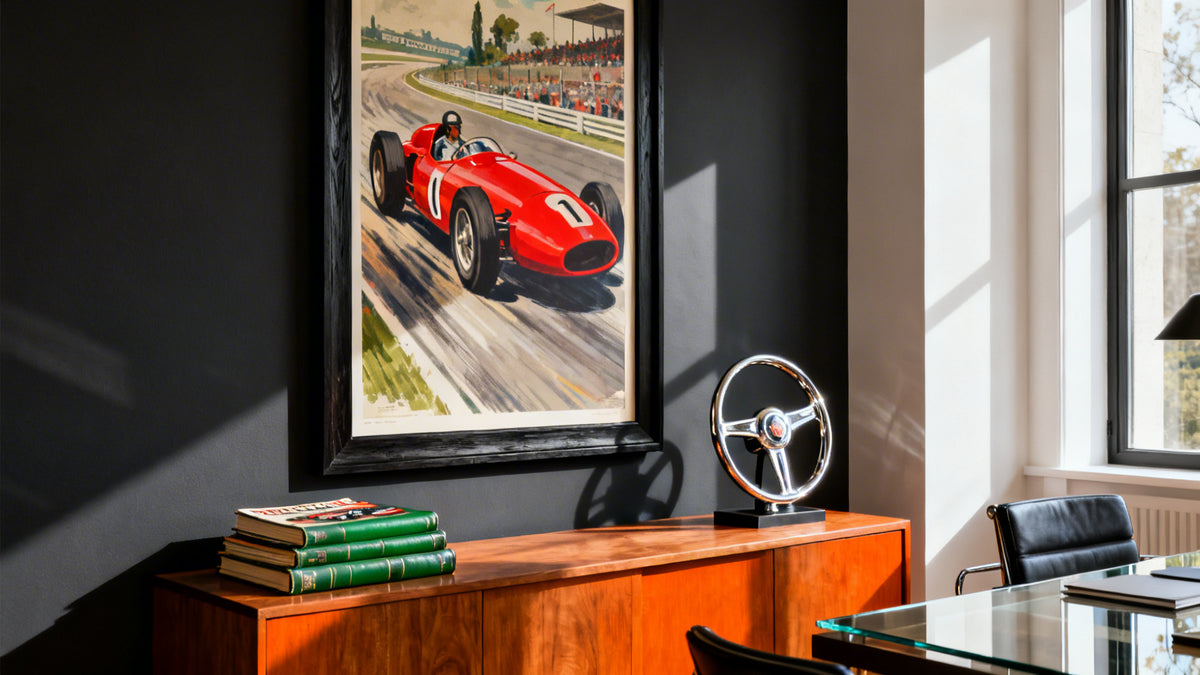 Framed vintage Grand Prix posters showcasing the artistry of racing history on a stylish wall.