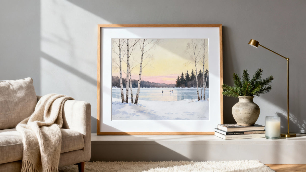 Framed wall art mockup featuring elegant winter artwork for seasonal decor inspiration.