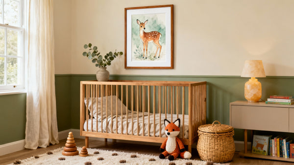 Framed woodland nursery wall art mockup featuring enchanting forest themes for a magical nursery retreat.