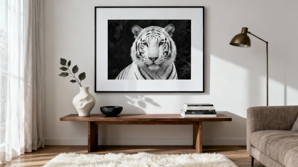 Framed wall art mockup featuring stunning white tiger wall decor for stylish home transformation.