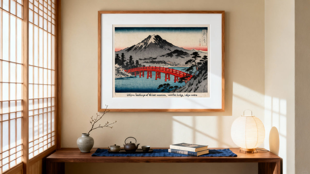 Framed wall art mockup featuring vibrant Japanese woodblock prints, ideal for collectors and art enthusiasts.