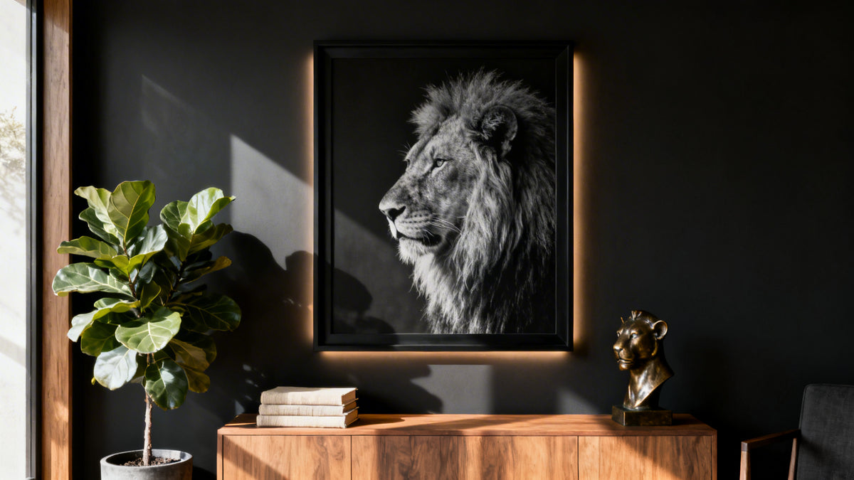 Framed lion poster mockup showcasing majestic wall art for home decor transformation.