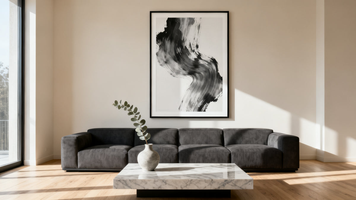 Framed large modern wall art mockup for living room decor inspiration.