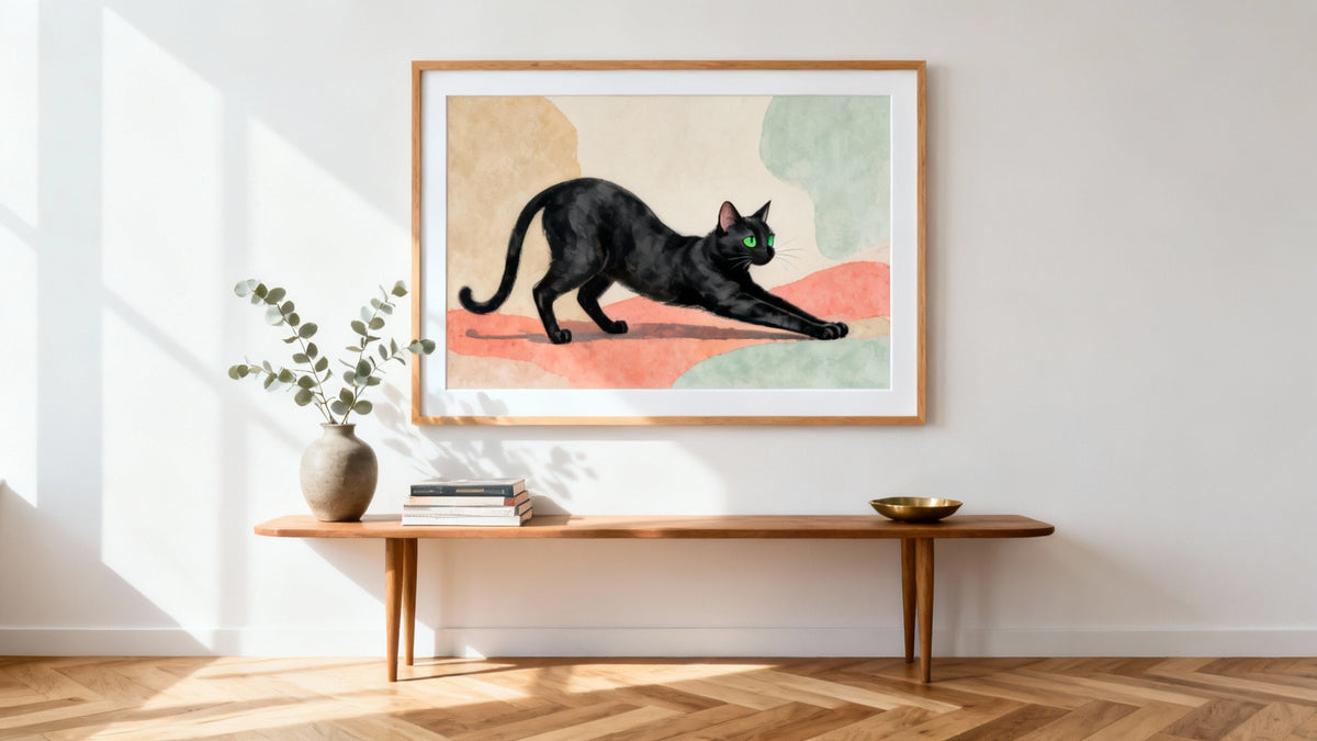 Framed wall art mockup showcasing vibrant cool cat art for stylish home decor.