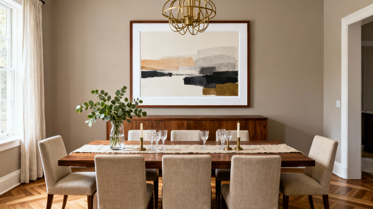 Elegant framed wall art mockup for formal dining room decor, enhancing sophistication and style.