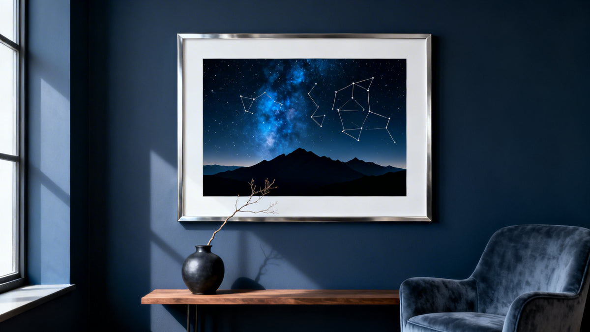 Framed Starry Horizon wall art mockup showcasing celestial interior design inspiration.