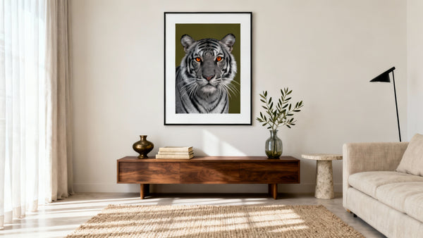 Framed tiger wall art mockup showcasing vibrant design for stylish home decor. Perfect for animal lovers!