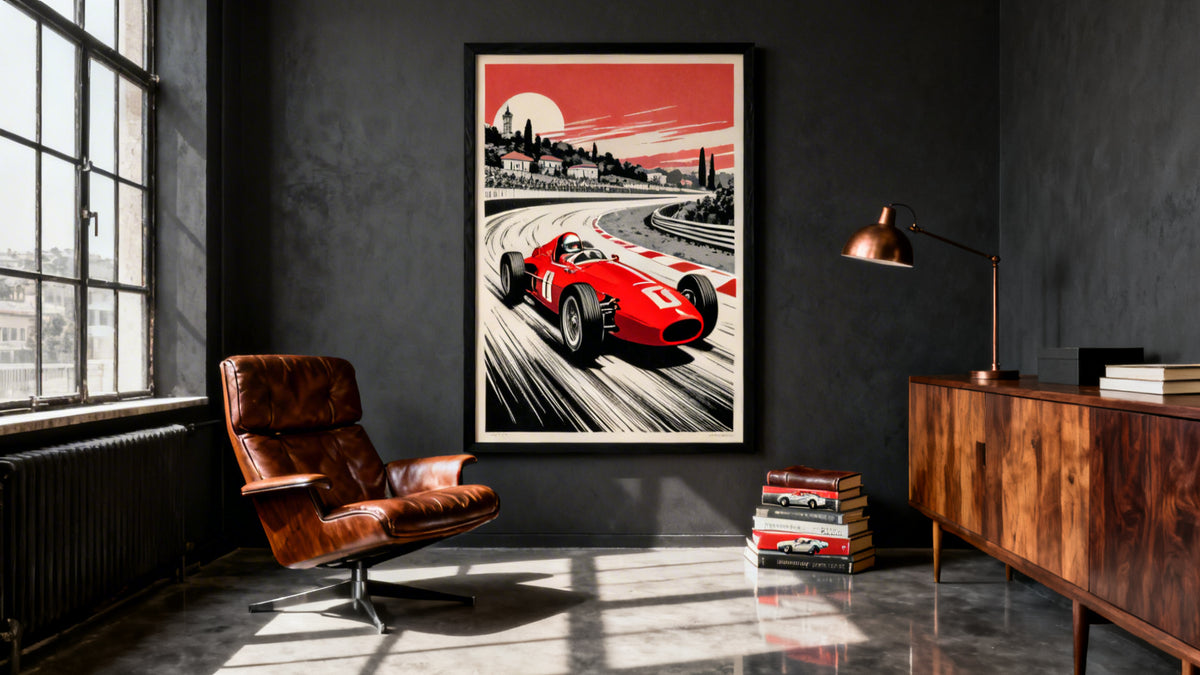 Framed vintage F1 posters showcasing iconic motorsport art for racing enthusiasts.