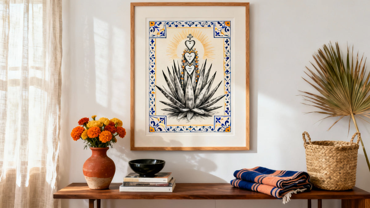 Framed mockup of vibrant Mexican art drawings showcasing traditional designs and colors.