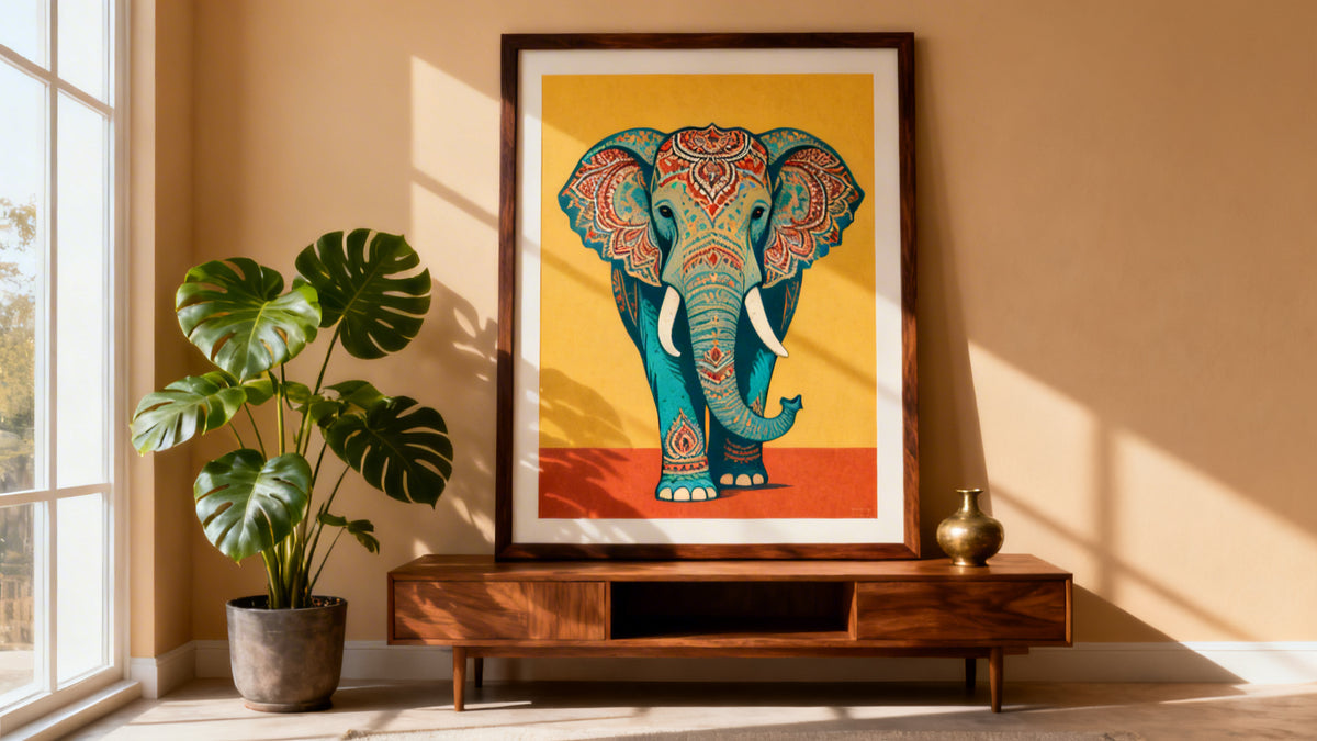 Framed India wall art decor mockup showcasing vibrant colors and cultural expressions for enriched spaces.