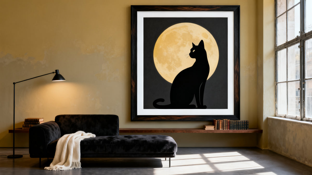 Framed black cat poster art mockup showcasing stylish designs from Le Chat Noir to modern aesthetics.