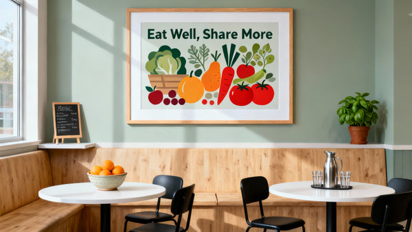 Framed wall art mockup for cafeteria, showcasing creative designs to enhance school cafes.