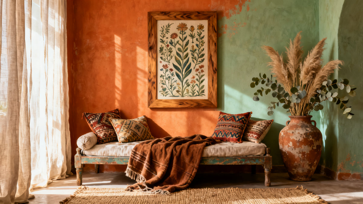 Framed wall art mockup showcasing vibrant bohemian interior design elements for eclectic, free-spirited spaces.