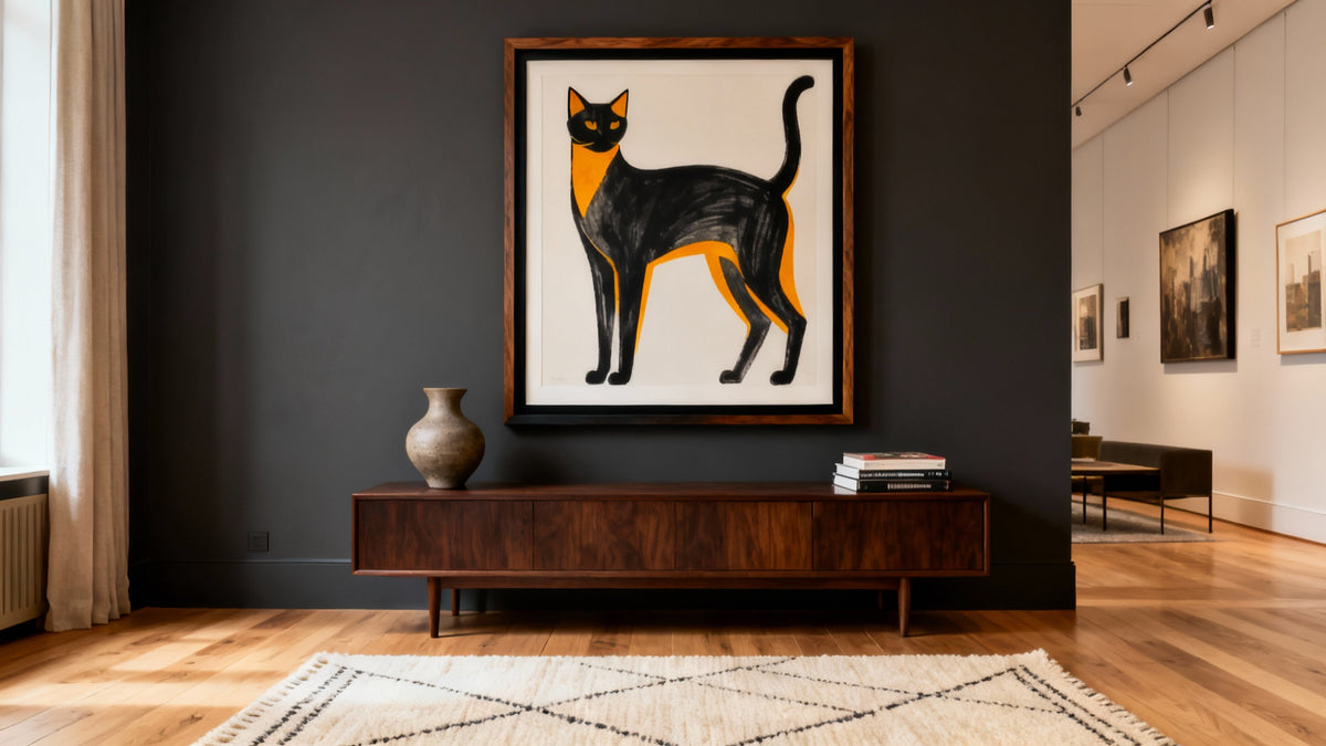 Framed wall art mockup featuring modern art cat design, showcasing contemporary feline creativity.