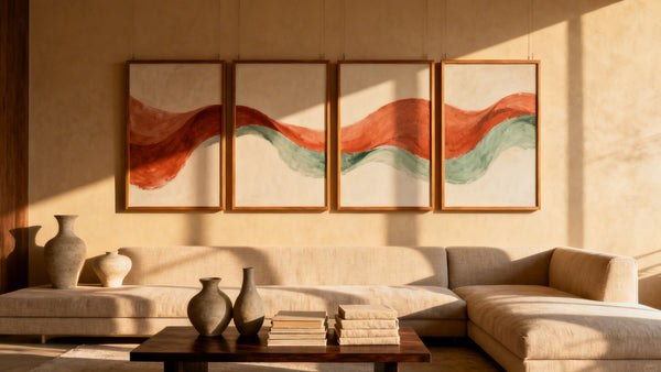 Framed mockup of 4 piece wall art showcasing stylish multi-panel decor for modern interiors.