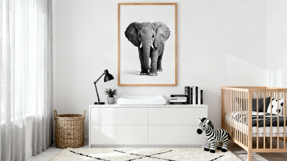 Framed wall art mockup for a black and white safari nursery decor.