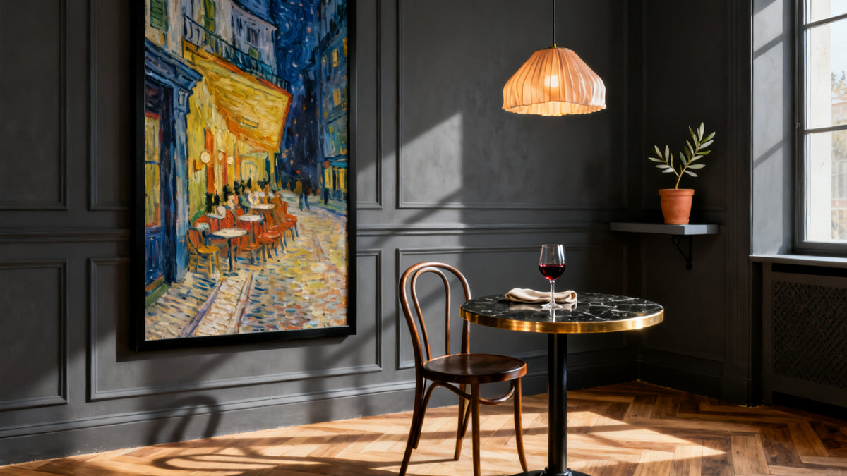 Framed bistro artwork mockup showcasing classic prints for elegant space transformation.