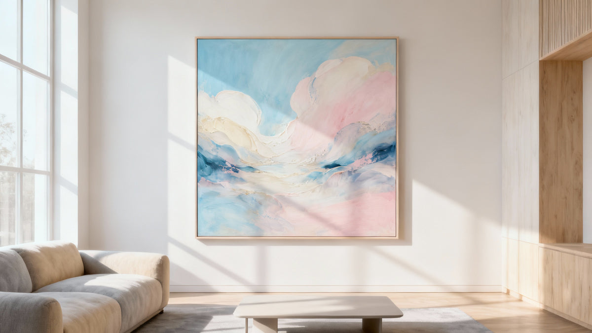 Framed ethereal abstract painting mockup showcasing vibrant colors and dreamy designs on a stylish wall.