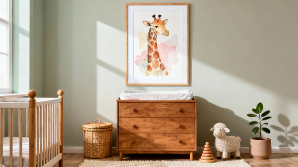 Framed nursery wall art mockup showcasing stylish designs for a baby's room decor.