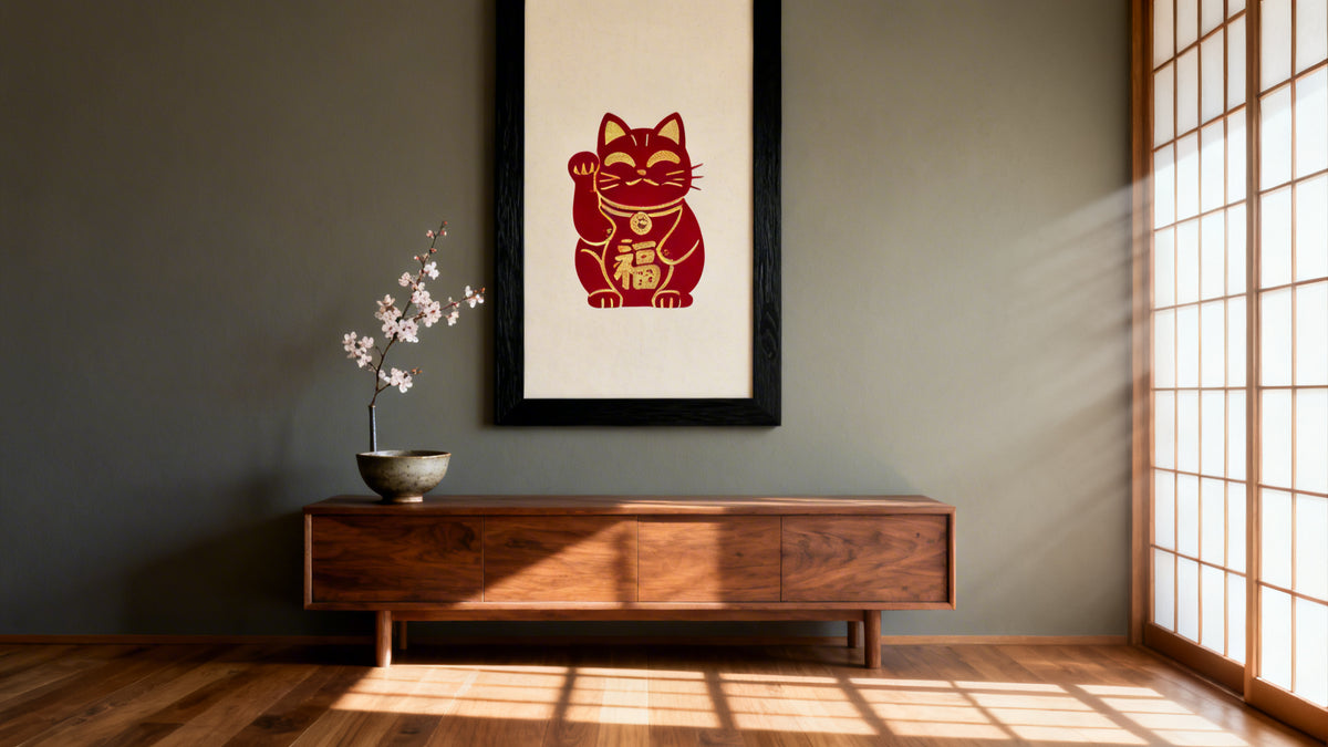 Framed wall art mockup featuring a vibrant Maneki Neko charm design for home decor inspiration.
