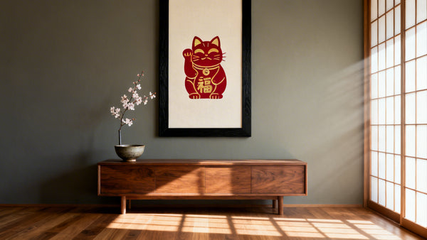 Framed wall art mockup featuring a vibrant Maneki Neko charm design for home decor inspiration.