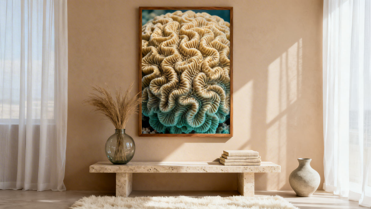 Framed coral reef wall decor mockup showcasing ocean-inspired art for modern homes.