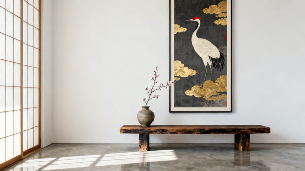 Framed wall art mockup featuring Japanese birds, symbolizing cultural meanings and spiritual significance in art.