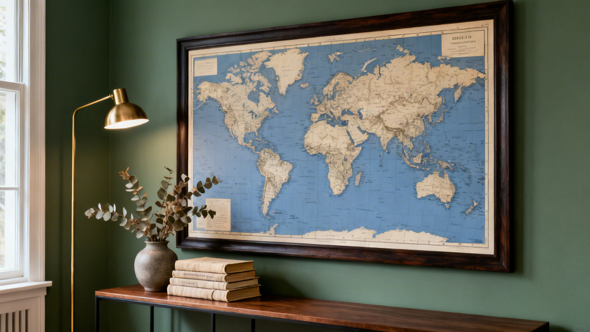 Framed wall art mockup featuring a stylish world map poster for educational and home decor use.