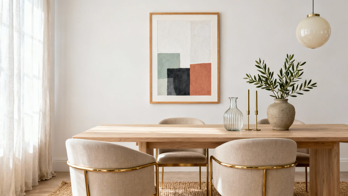 Framed wall art mockup showcasing unique paintings for dining room decor.