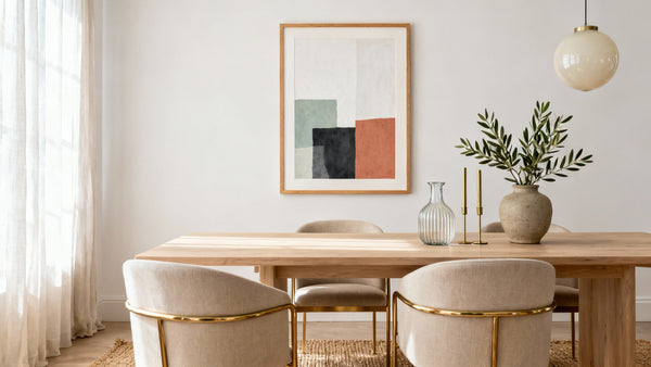 Framed wall art mockup showcasing unique paintings for dining room decor.