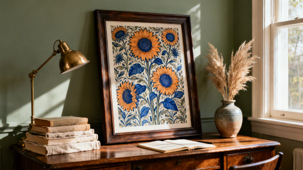 Framed wall art mockup featuring William Morris Sunflower design, blending classic Arts and Crafts style with modern inter...