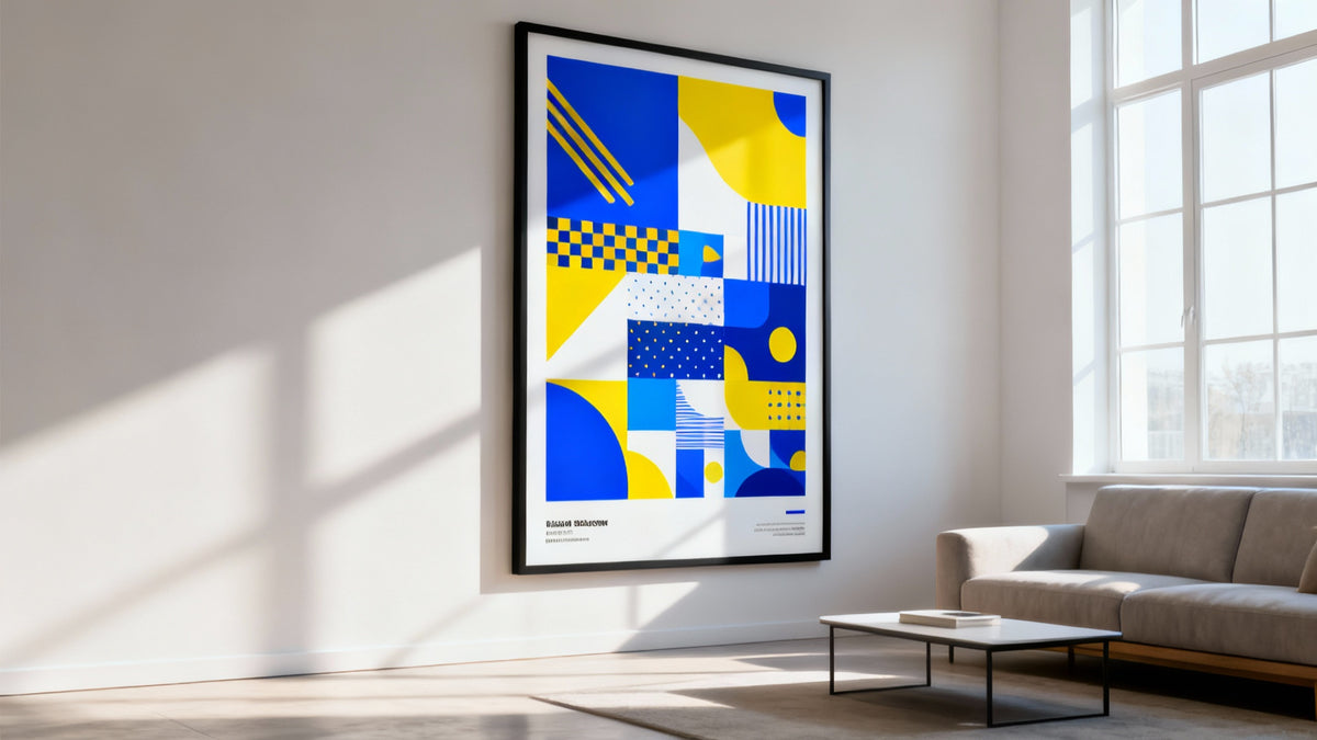 Framed wall art mockup showcasing various poster sizes for perfect home decor fit.