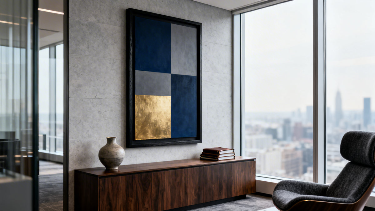 Framed wall art mockup for corporate office artwork, enhancing workplace aesthetics and inspiration.