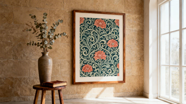 Framed William Morris print mockup showcasing iconic Arts and Crafts design in a stylish interior setting.