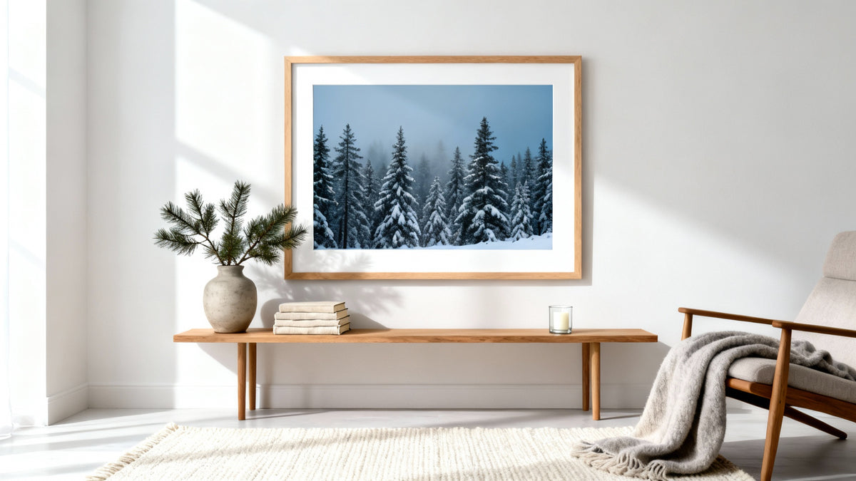 Framed winter printable art mockup showcasing cozy seasonal designs for home decor.