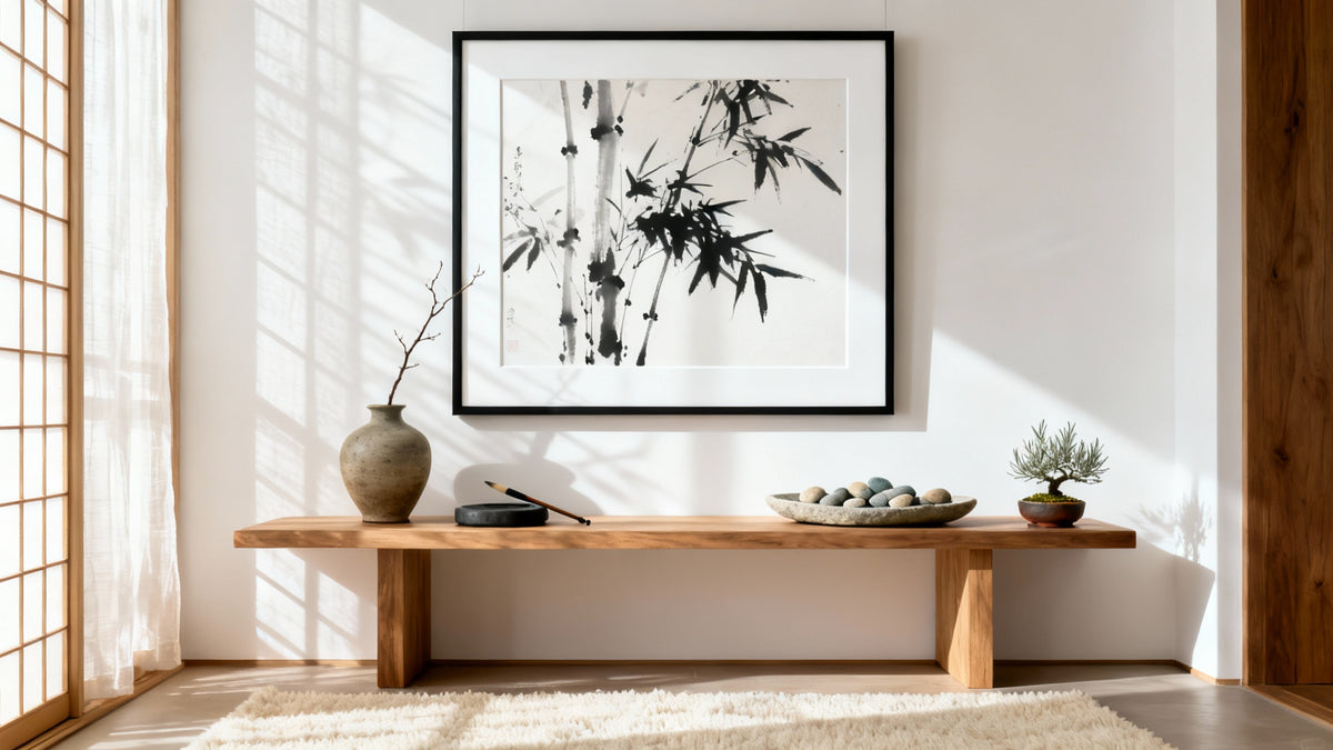 Framed wall art mockup featuring traditional Sumi E Japanese ink painting, showcasing its timeless beauty and elegance.