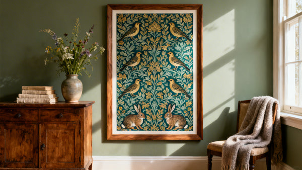 Framed wall art featuring William Morris animal print, showcasing timeless nature-inspired design.
