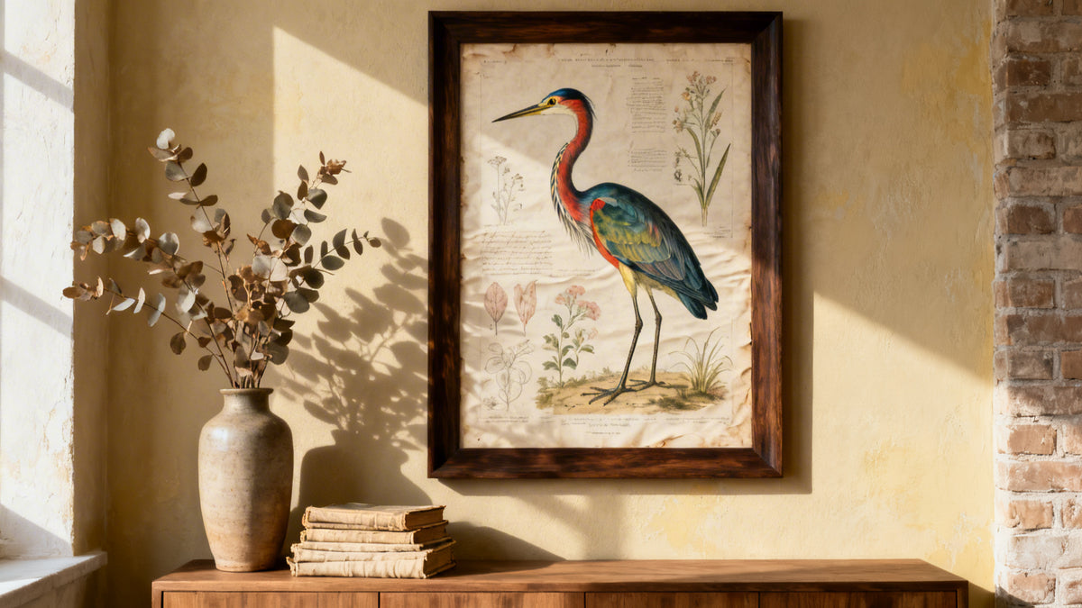 Framed vintage bird poster mockup showcasing timeless art and collectible prints for bird lovers.