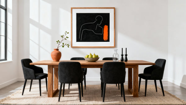 Framed modern wall art mockup in a stylish dining room, enhancing contemporary decor.