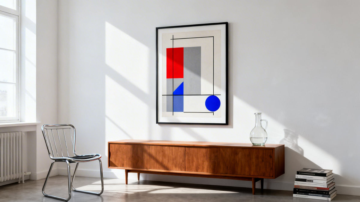 Framed wall art mockup featuring Bauhaus grid design, showcasing modern aesthetics and artistic simplicity.