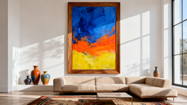 Framed vibrant wall art mockup showcasing bright colourful art to enhance and transform your space.