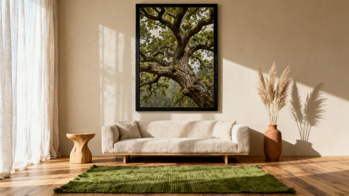 Framed nature wall art mockup for living room decor, showcasing serene landscapes and vibrant colors.