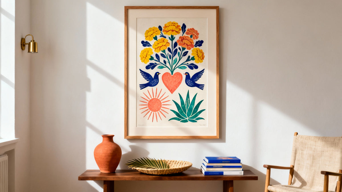 Framed mockup of traditional Hispanic art showcasing vibrant colors and cultural motifs.