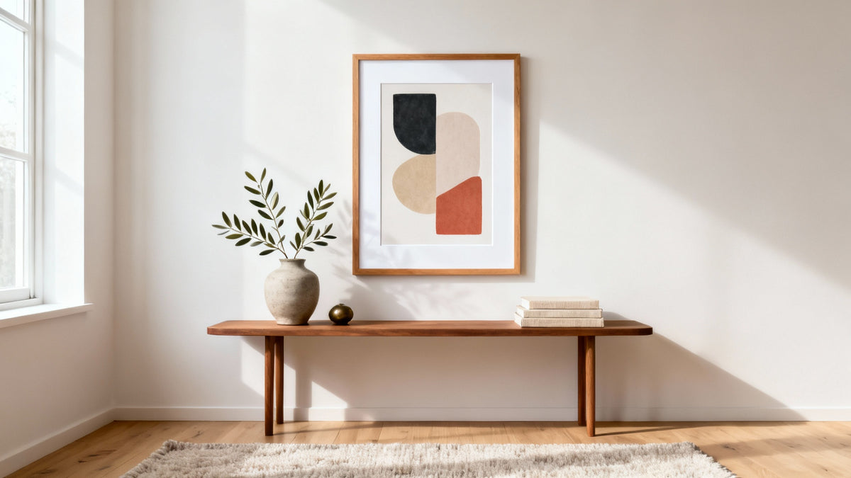 Framed A3 art print mockup showcasing modern art posters in a stylish interior setting.