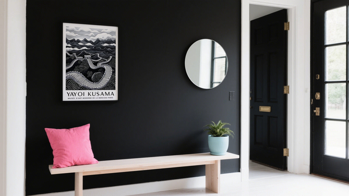 Decorative Poster of The Great Wall of China in entryway above bench