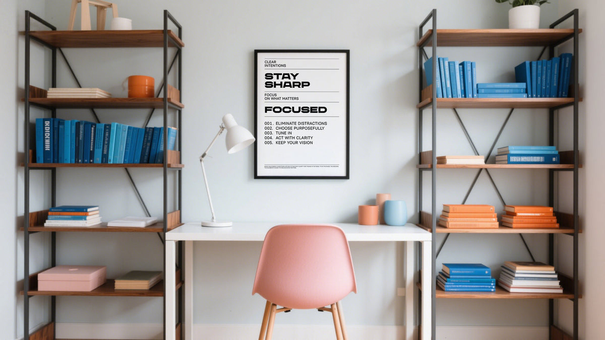 A poster about work displaying a motivational print "Stay Sharp"